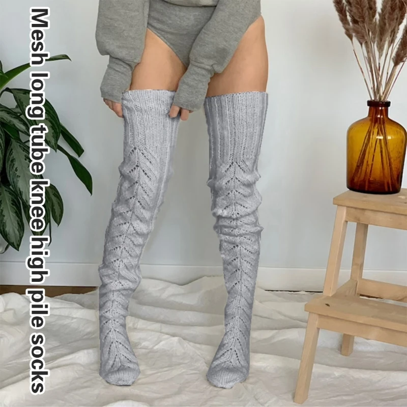 Elegant Over the Knee Long Socks with Hollowed Out Pattern Knitted Thigh High Stockings Leg Warmers for Women's Hosiery