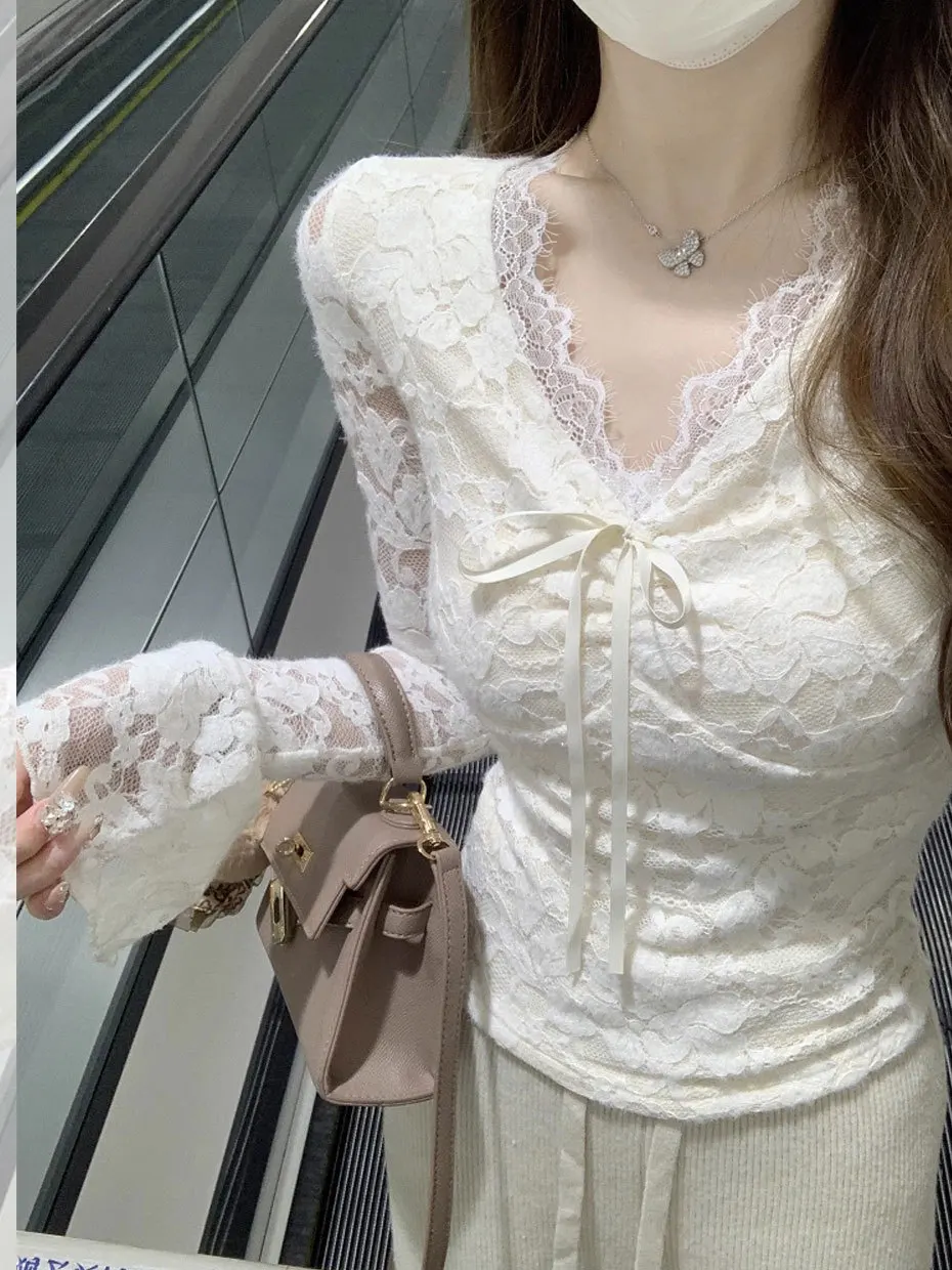 

Женская базовая блузка Pure Desire с кружевом, осенне-зимняя, с коротким и длинным рукавом, V-образным вырезом, облегающая, модная, сексуальная