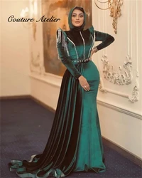 Green Velvet Muslim Evening Dresses Dubai Mermaid Luxury Tassels Celebrity Formal Dress Elegant Dinner Dresses Beaded  vestidos