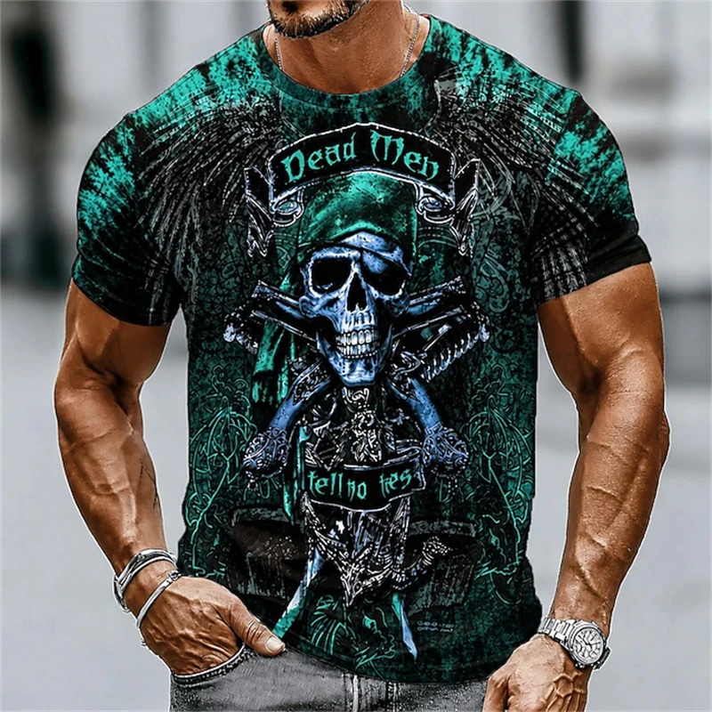 New Men's Halloween Crew-Neck Short-Sleeve T-Shirt Vintage 3D Pirate Skull Print Loose Breathable Gothic Streetwear Style