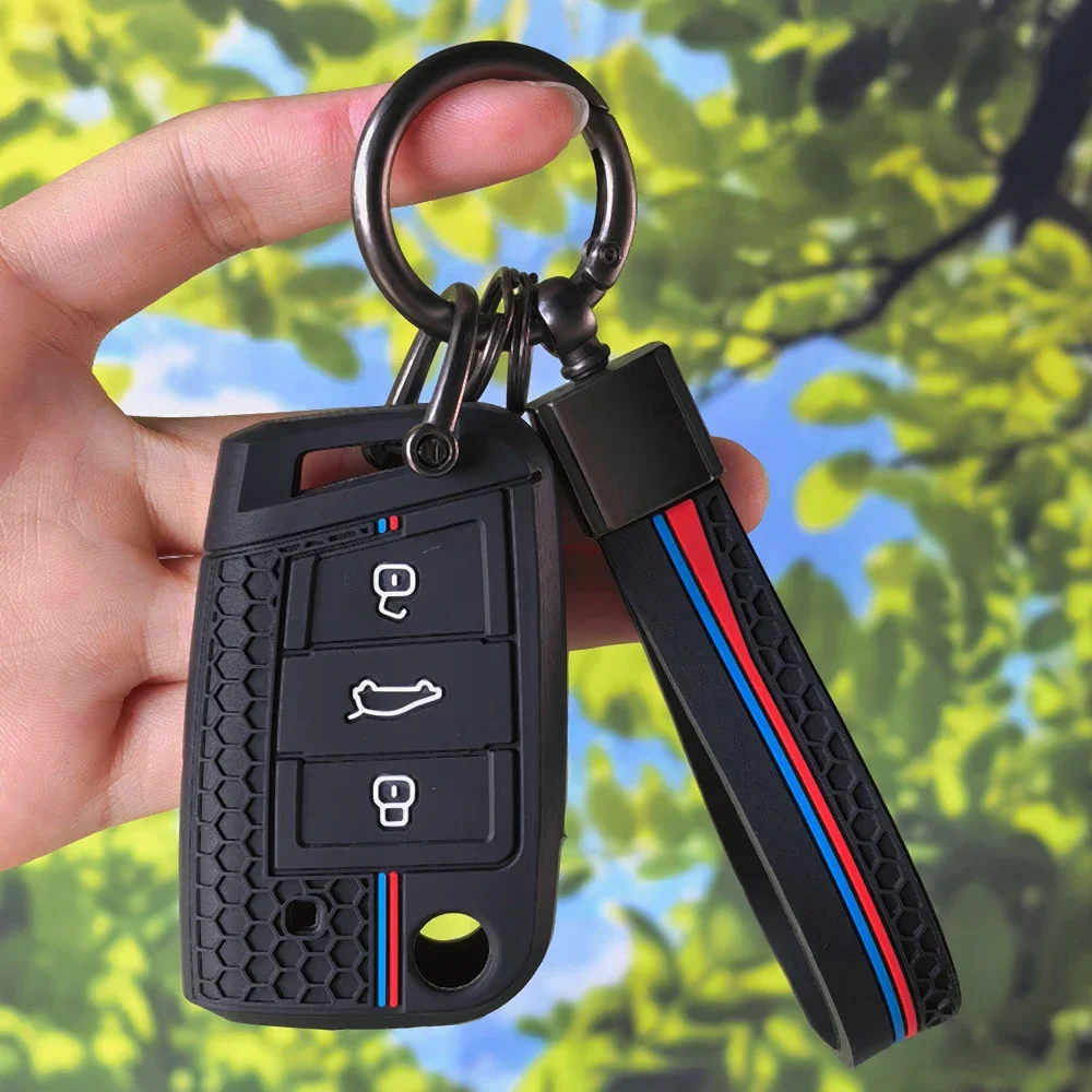 Silicone Key Case With Keychain for VW Golf7 MK7 Tiguan MK2 T‑roc T‑cross Skoda Octavia Kodiaq Karoq Seat Ateca Leon Fob Cover