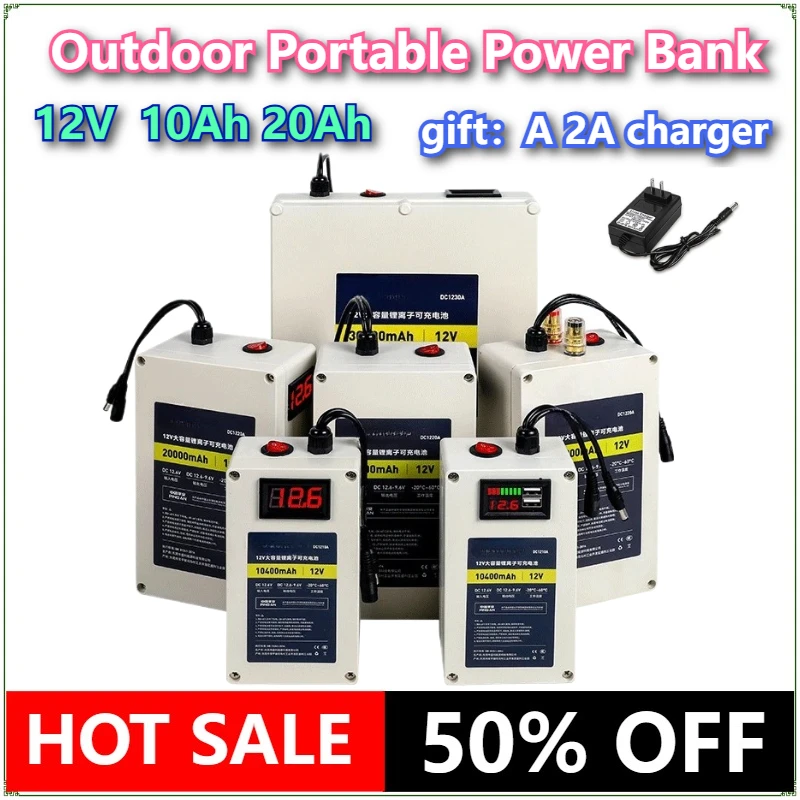 

Outdoor Portable Power Bank 12V Portable Rechargeable Super Capacity USB BMS Lithium-ion Battery Pack 10Ah 20Ah for LED Lights