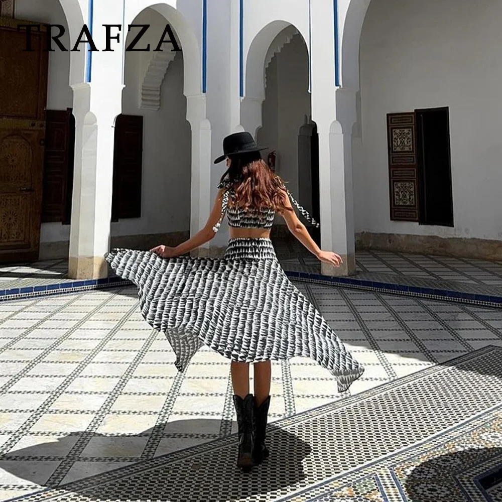 TRAFZA 2024 Spring Summer Women Print Casual Elegant Suits Fashion Strapless Sleeveless Short Tops+Chic Loose Long Skirt