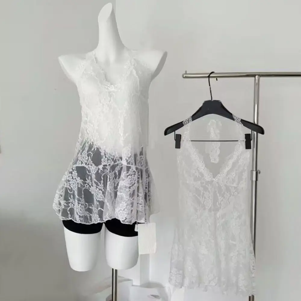 

Модное прозрачное кружевное платье-халтер с V-образным вырезом, пляжная одежда, короткие юбки на шнуровке, платья А-силуэта в стиле Spicy Girl для женщин и девушек