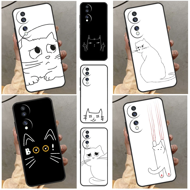 Funny Cute Cat Line Art Case For Huawei P20 P30 P40 P50 Pro Lite Nova 5T P Smart 2021 Honor 50 70 X7 X8 X9 Cover