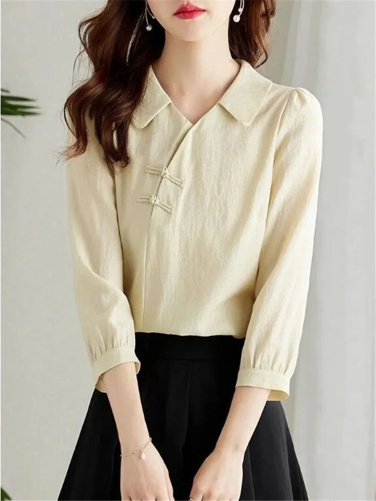 

Pure Cotton Blouse Women Shirt Retro Shirt For Woman Vintage Button Top Diagonal Placket Pullover Doll Collar Grace Female Blous