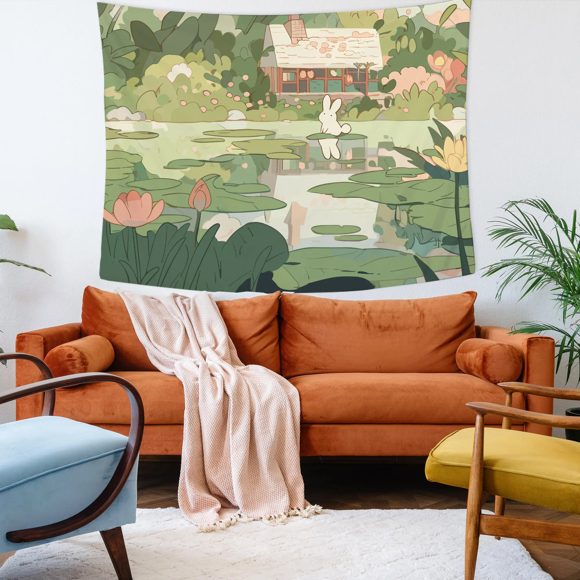 VIKAMA Healing Lotus Pond Little Rabbit Tapestry Fresh Forest Background Cloth Girl Living Room Decoration Room Decoration
