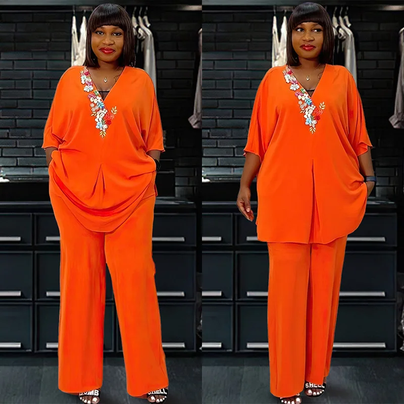 

African Outfits for Women Summer Fashion 2024 Africa Half Sleeve V-Neck Tops Wide Leg Pants Sets African Clothes Tracksuit Suit