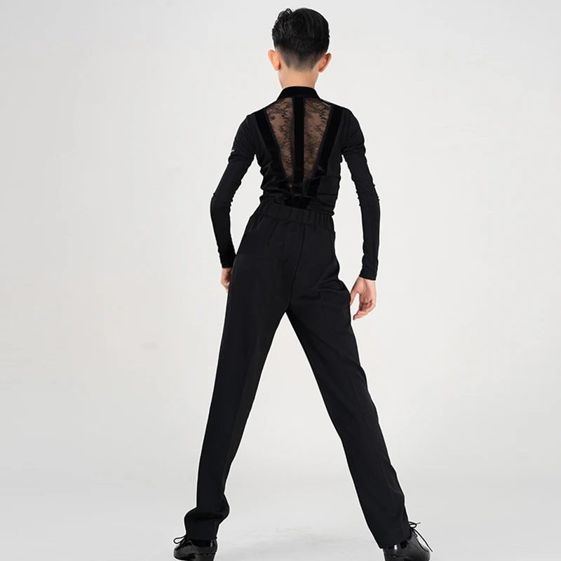 Black Laitn Dance Tops for Boys Long Sleeve Latin Training Clothes V-Neck Stand Collar Cha Cha Rumba Clothes Kid Dancewear 2716