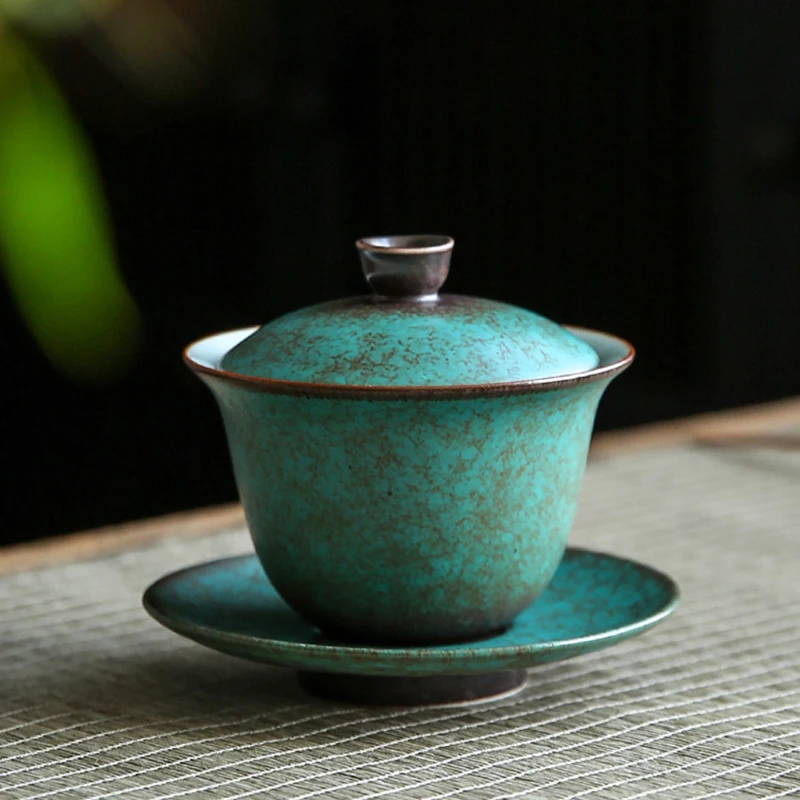 

Винтажная чайная чашка Gaiwan 150 мл, керамическая чайная чашка с крышкой, зеленая керамика, чайная чаша кунг-фу и блюдце, набор для церемонии