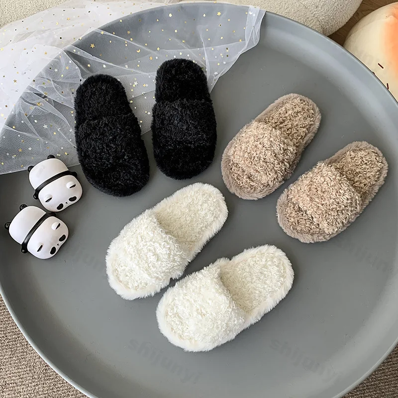 

Children's Plush Slippers Winter New Girls Fashion Non Slip One Word Slippers Lightweight Comfortable Soft Sole Boys' Home Shoes