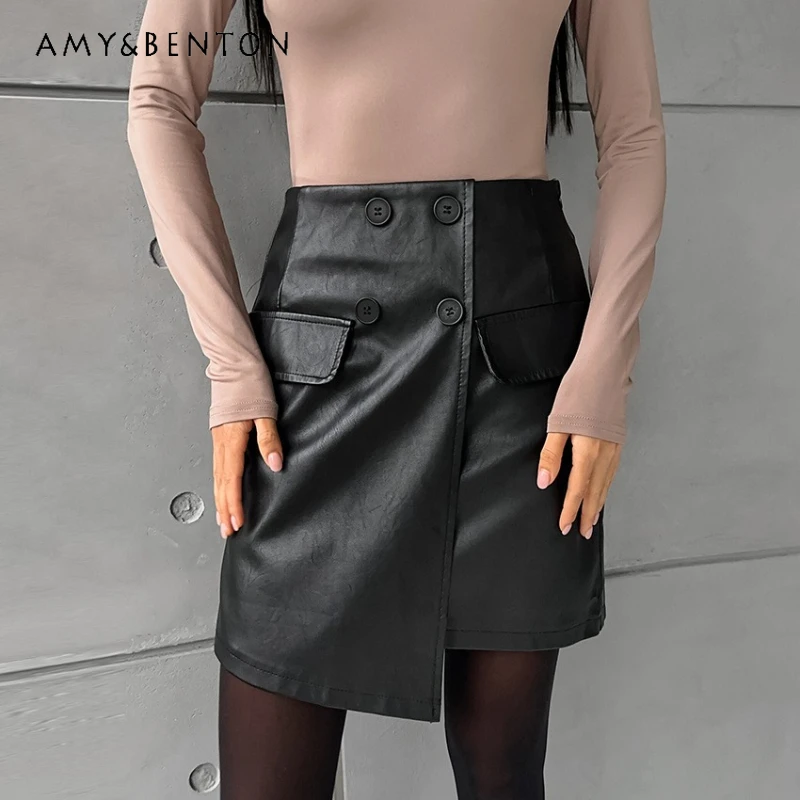 

Autumn European American Sexy Hot Girl Bodycon Leather Skirt Punk Dark High Waist Slimming Versatile A-line Short Skirts Ladies