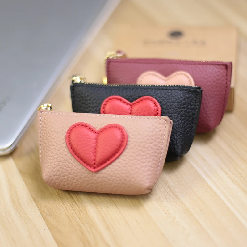 2022 Genuine Leather Heart Coin Purse Women Key Holder Ladies Cute Heart Patch Small Pouch Key Holder Leather Coin Wallet Purse