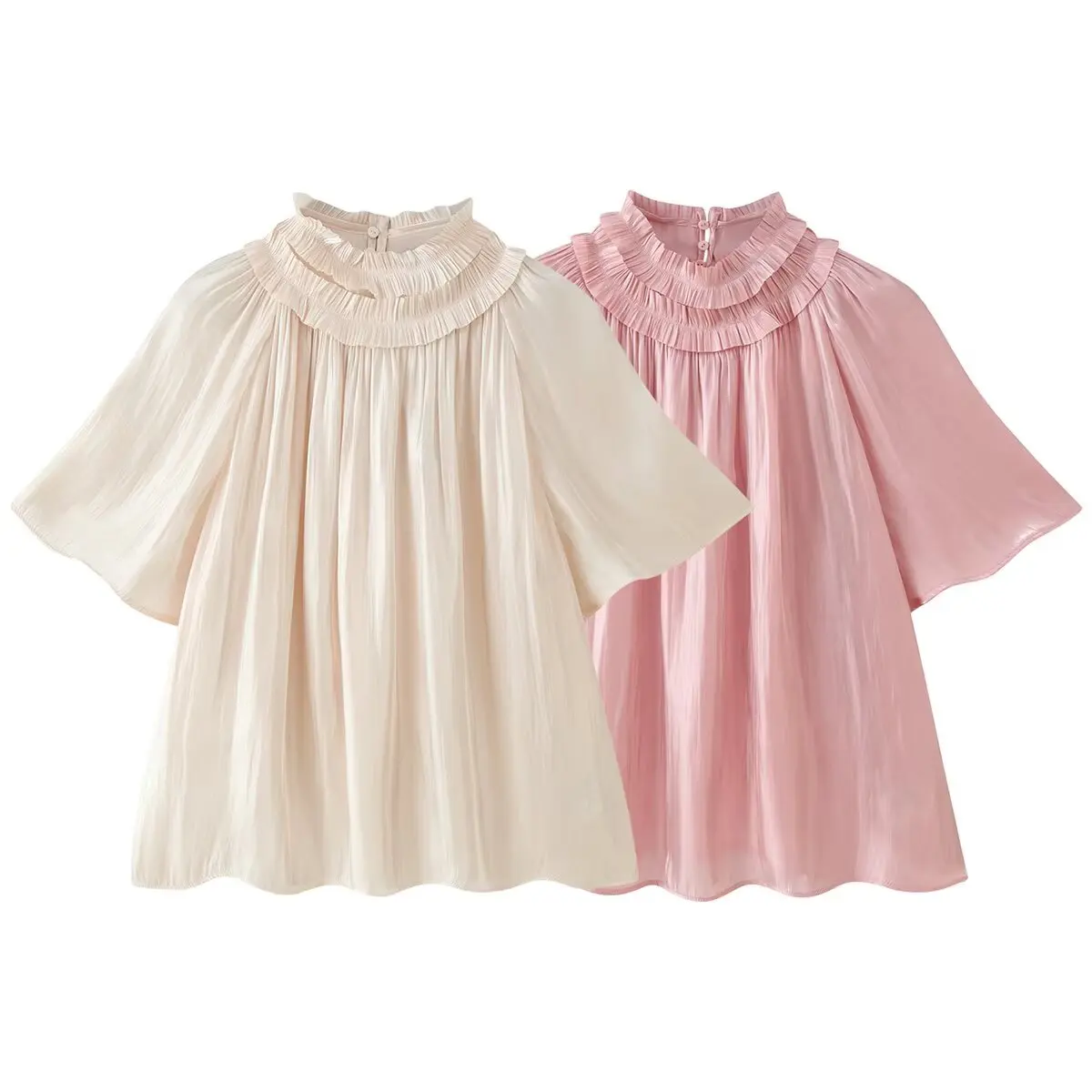 DUOPERI Women Solid Double‑Layer Ruffled Mock Neck Blouse Flare Mid‑Sleeve Top Female Chic Lady Sweet Casual Shirt
