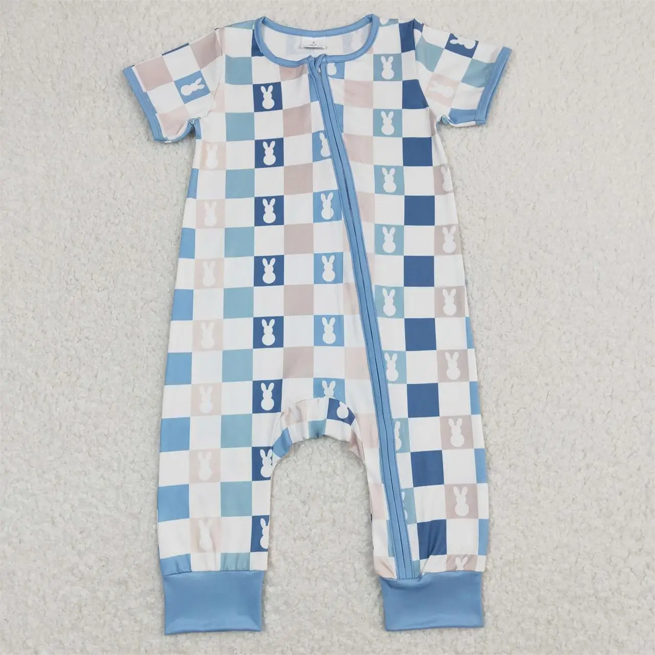 

Wholesale Newborn Easter Rabbits Romper Children Kids Toddler Baby Boy Checkered Blue Zipper Short Sleeves One-piece Clothes