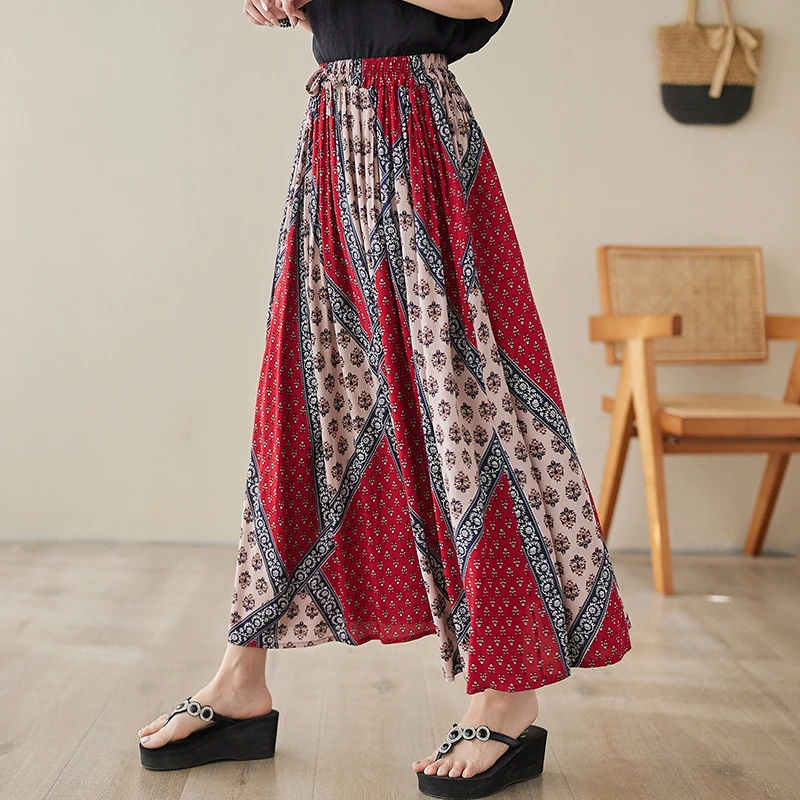 2024 Summer New A Edition Elastic High Waist Ruched Cotton Silk Printed Bohemian Vacation Style Women's Trendy Long Half Skirt