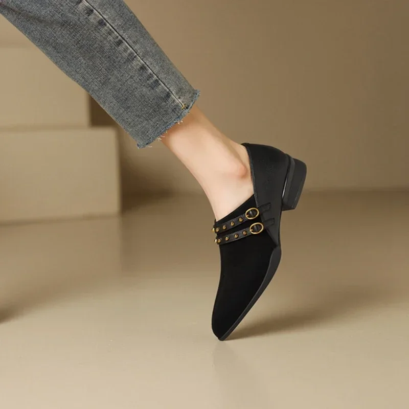 NEW Spring/Autumn Women Loafers Sheep Suede Leather Shoes For Women Pointed Toe Low Heel Women Pumps Metal Buckle Slip-on Shoes