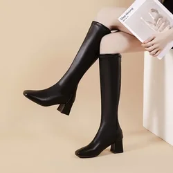 Knee length women's boots2024winter new style, thick and medium heel, fashionable and simple back zipper long tube women's boots