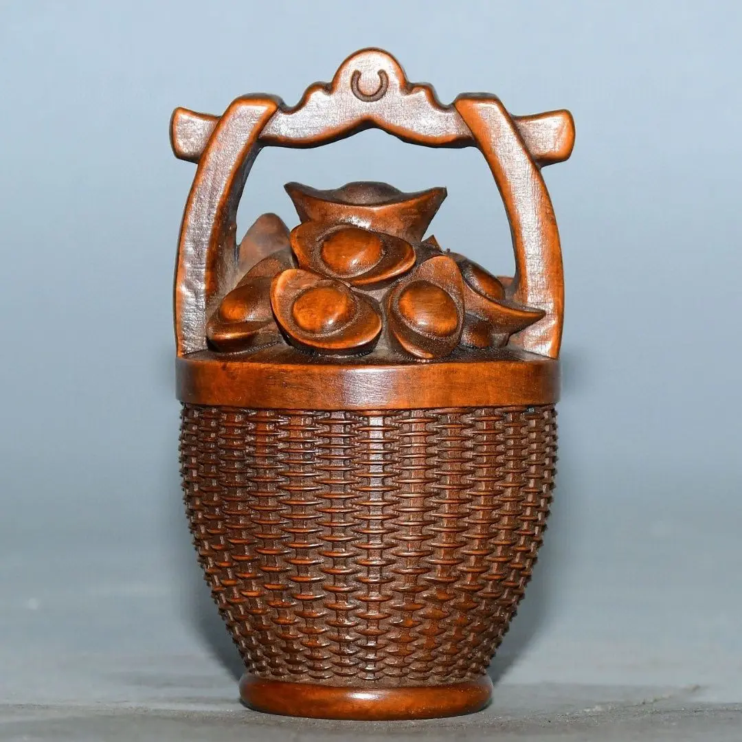 

Hand Carved Wood wealth money bucket Statue Figurine Desktop Ornaments Home Decoration Crafts Tea Pet Decor