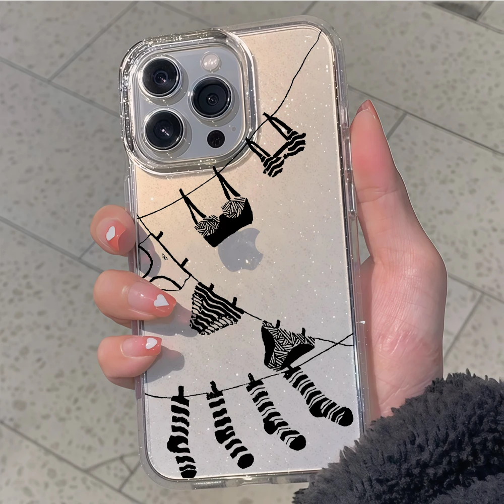 Coque de téléphone transparente à paillettes motif ligne de corde à linge amusante pour iPhone 17 Air 14 15 16 11 12 13 Pro Max 16E 17E 14 Plus 15 16 Pro XR XS X