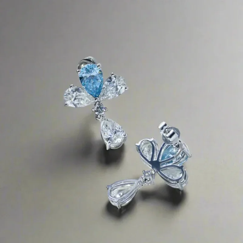 Fancy Vivid Blue Pear Shape Lab Grown Diamond Drop Earrings 925 Silver White Diamond Accents Ear Stud Party Jewelry Gift
