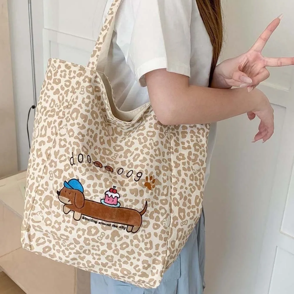Double-Sided Dachshund Canvas Bag Foldable Large Capacity Leopard Bag Lightweight Washable Reversible Handbag Students