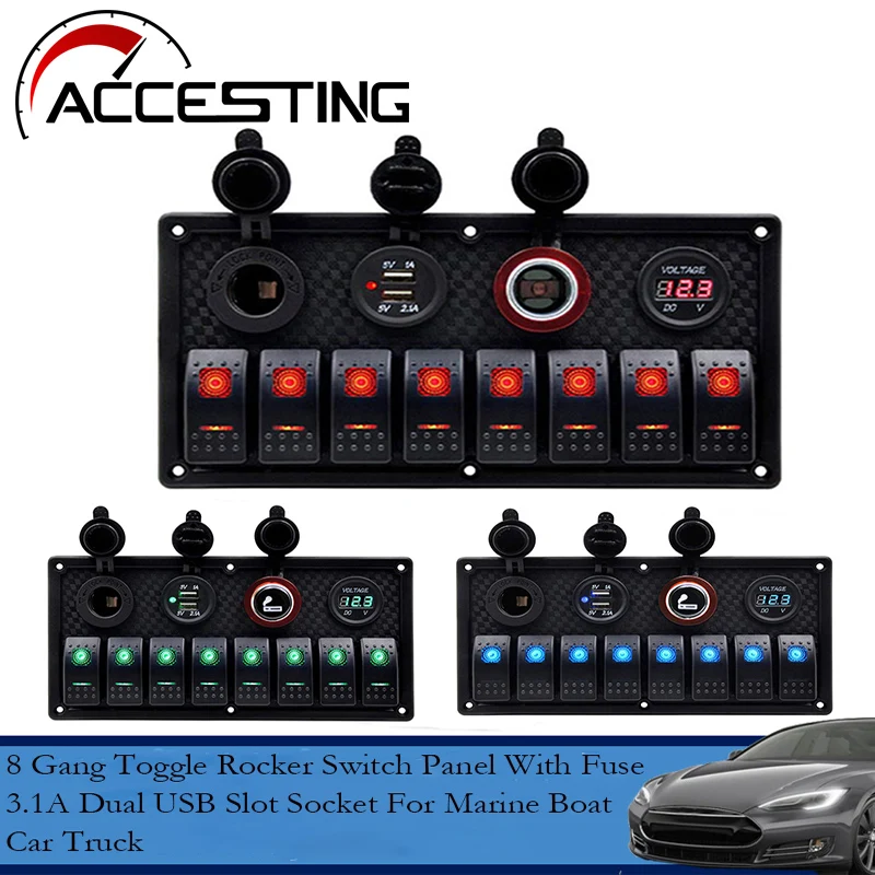 12V 24V 8 Gang Rocker Switch Panel With Dual USB Charging Circuit Breaker Voltage Overload Protection For Car Boat Truck Marine