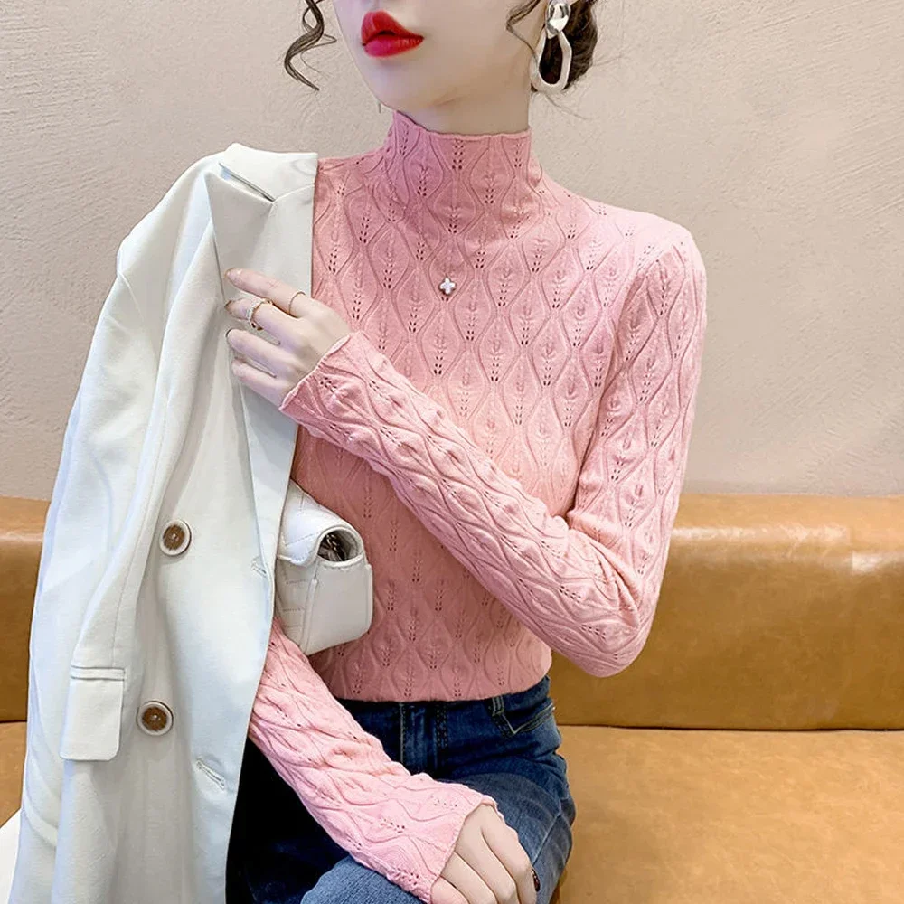 

Black White Pink Green Temperament Pullover Sweater Women Stretch Half High Collar Shirt Clothes Girl Flowers T Shirt Female Top