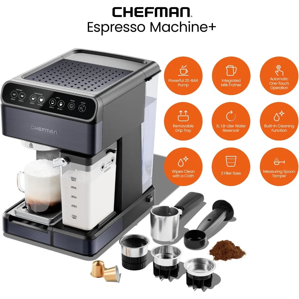 6-in-1 Espresso Machine with Steamer, Automatic One-Touch Coffee Maker, Single or Double Shot Cappuccino Machine, Latte Maker