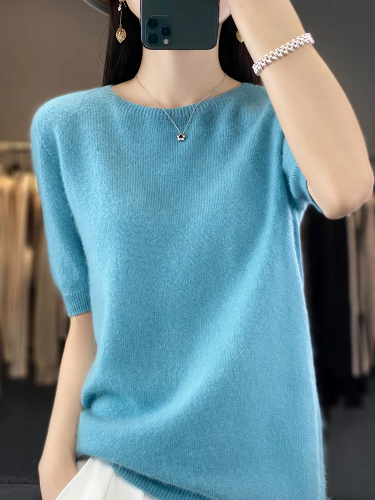 100% pure wool T-shirt spring and summer new women\'s O-neck pullover short sleeve loose five-sleeve sweater high-end top