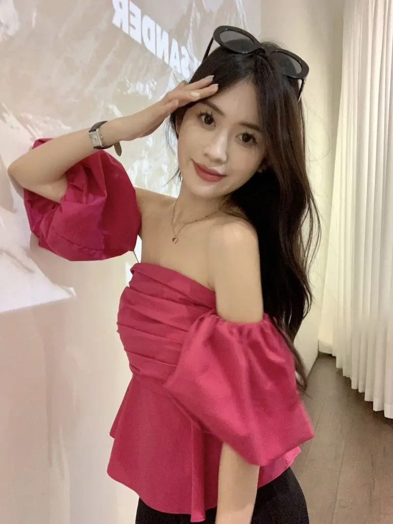 

Rosy Blouses Women Slim Club Wear Sexy Summer Puff Sleeve Retro Elegant Folds Chic French Style Crop Tops Slash Neck Temperament