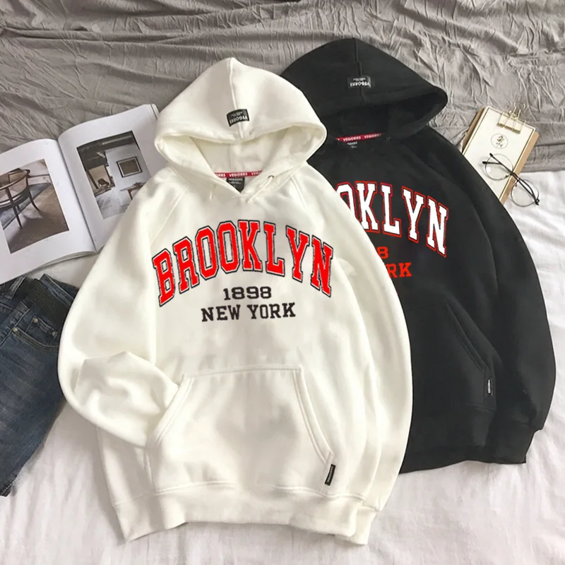 Boston Brooklyn Letter Print Hoodie Women Fashion Coat Oversized New York Hoodies Sweatshirt Female Men Sweats Brooklyn Clothes