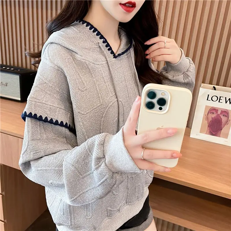 Autumn Winter New Fashion Solid Color Patchwork Long Sleeve Pullovers Hoodies Drawstring Korean Loose Trend All-match Chic Tops