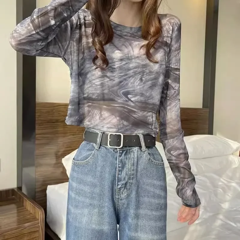 Women's Blue Sky Print Sheer Long-Sleeve Cropped Top