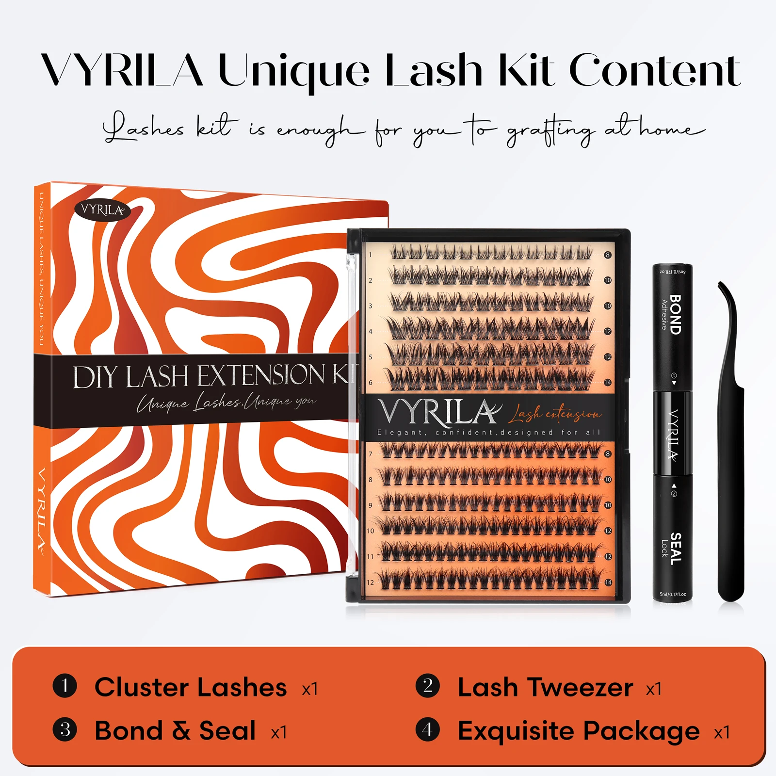 VYRILA-Kit de racimo de pestañas individuales esponjosas, Kit de extensiones de pestañas DIY con unión de pestañas y sello, juego de maquillaje