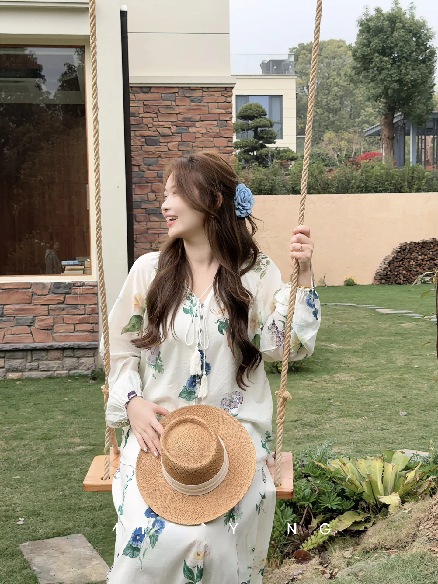 

Floral Print Loose Two-Piece Set Large Size Women's Clothing Vacation Style High Waist Cotton Commute Style Spring Summer