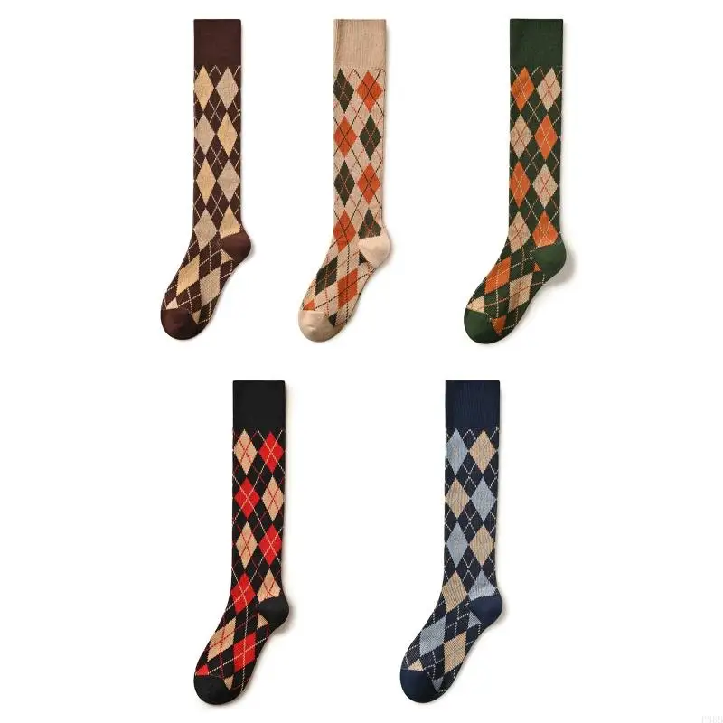 

P88B Women Ribbed Knee High Socks Japanese Preppy Vintage Colorful Argyle Diamond Plaid Pattern High Tube Stockings