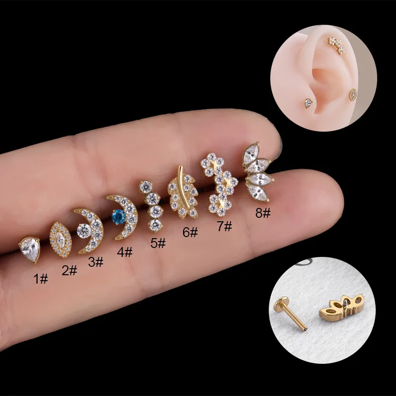

1PC ASTM F136 Titanium Piercing Jewelry G23 Titanium Moon Flower Flat Back Internally Threaded Zircon Cartilage Piercing Earring