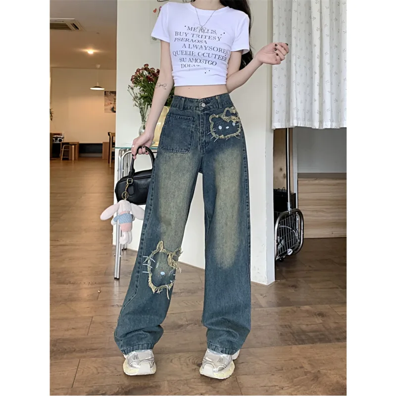 Vintage Hello Kitty Wide Leg Jean Y2k Embroidered High Waist Denim Pant High Street Button Straight Jean Baggy Trouser For Women