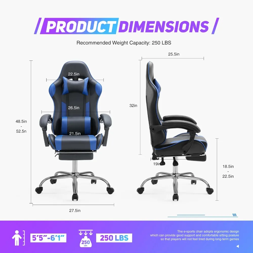 Gaming Chair With Headrest And Lumbar Pillow,Height Adjustable With 360°-Swivel Seat