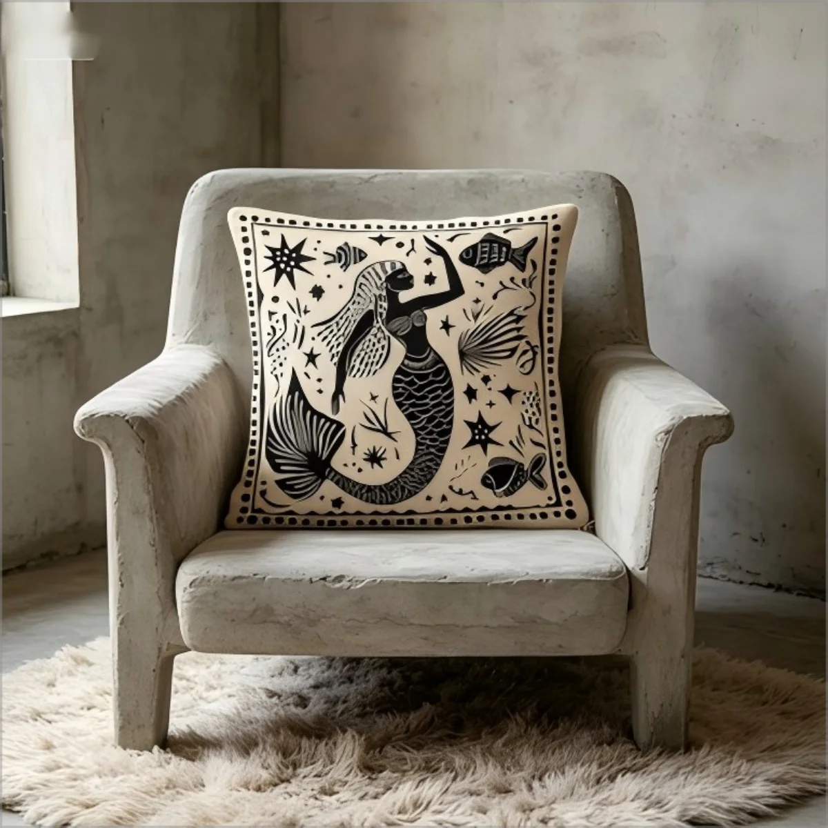 Boho Mermaid Print Throw Pillow Cover, Black Beige Tribal Folk Art Underwater Starfish Fish Decorative Cushion