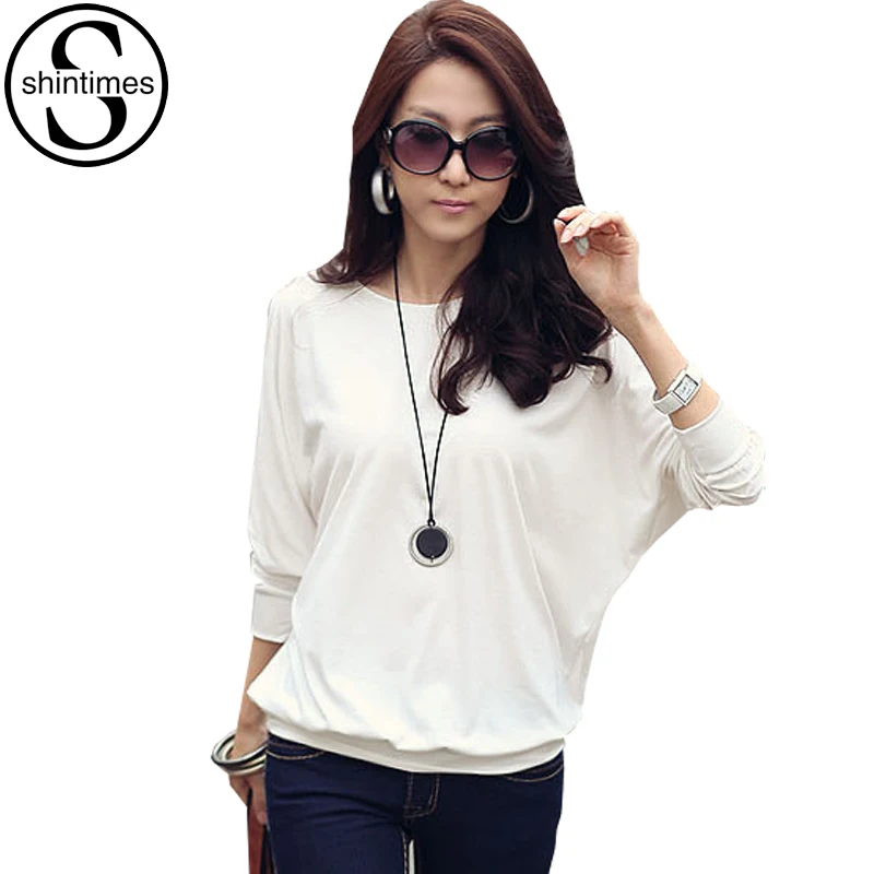 Camisas Femininas 2022 Batwing T Shirt Women Tshirt Fashion Womens Long Sleeve Tops White Loose T-shirt Casual Woman Clothing