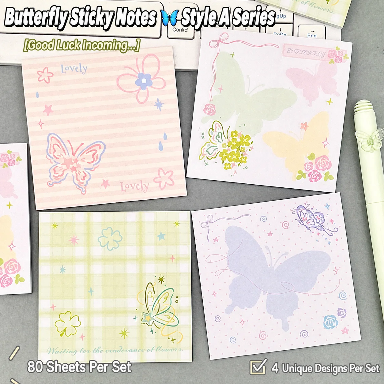 80 Sheets Butterfly Square Sticky Notes Kawaii Sticky Note Pad Memo Pad Stickers for School Students Stationery Office Supplies