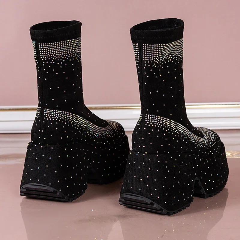 Stivaletti con strass elasticizzati di alta qualità donna autunno inverno stile moda con suola spessa stivali comodi scarpe Casual da festa