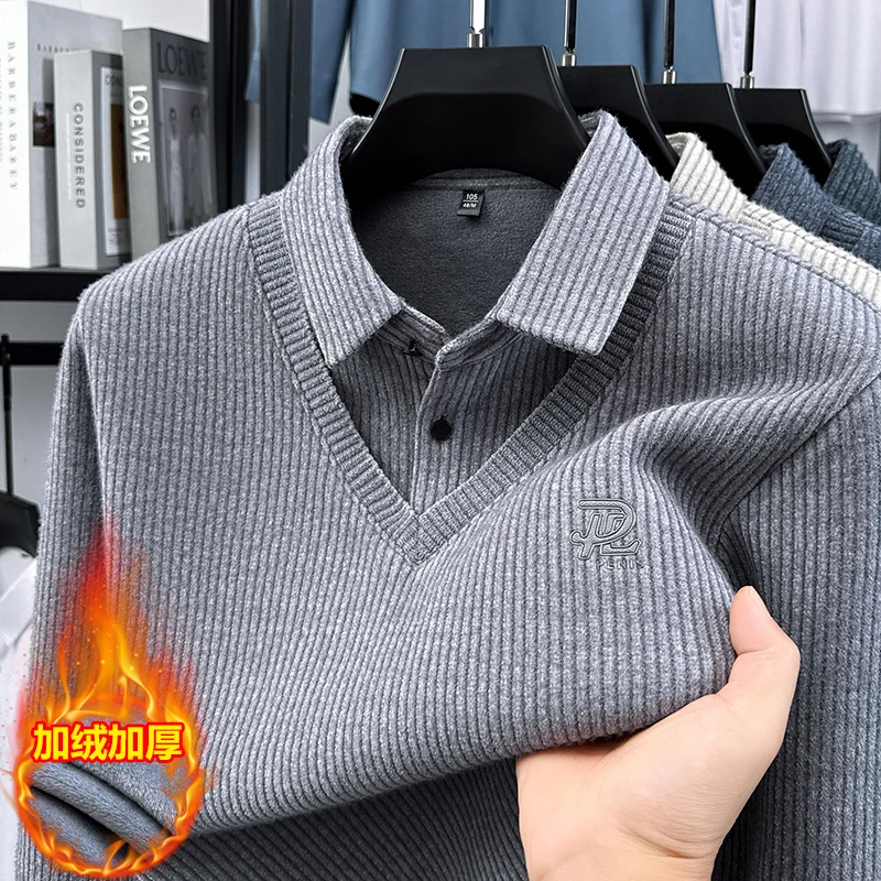 

New Velvet Thick Long Sleeved T-shirt Sweatshirt, Winter Casual Lapel Polo Shirt, Warm Top, Base Shirt