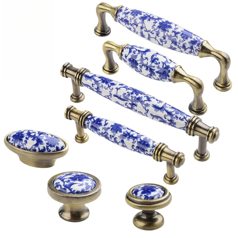 Vintage Blue and White Porcelain Drawer Pulls Set for Chinese Style Cabinets, Wardrobes, Shoe Cabinets, Chests, Drawers