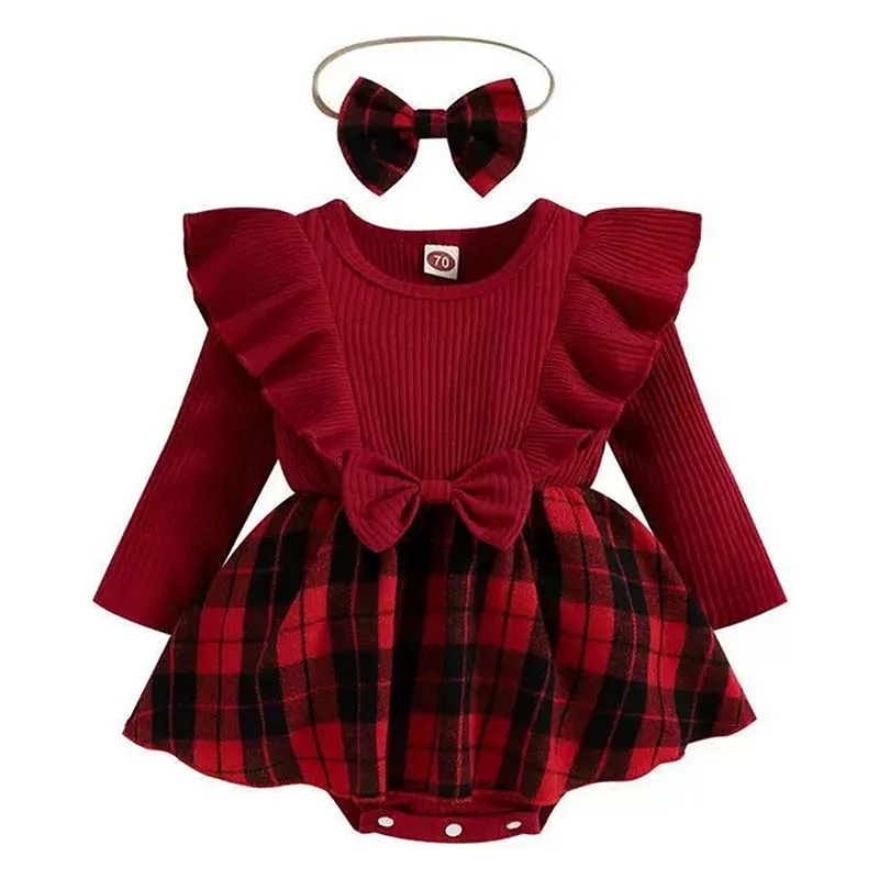 

Newborn Christmas Baby Clothes Winter Red Cotton Dress+Headband Toddler England Plaid Costume Christmas Outfits for Baby Ropa 1Y