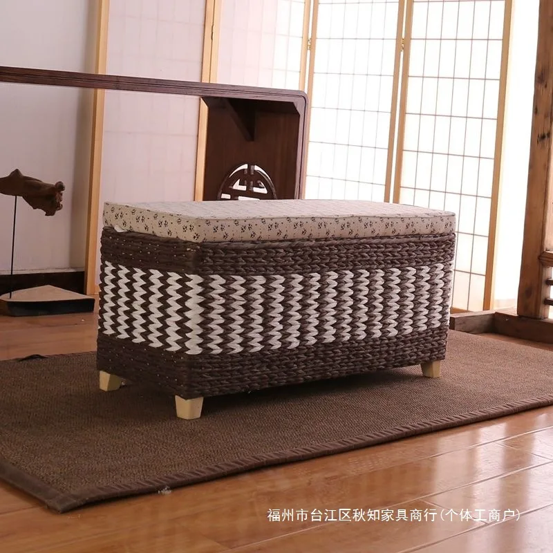 Rattan Storage Stool with Solid Wood Legs Entryway Shoe Bench Seat Hidden Storage Box for Living Room