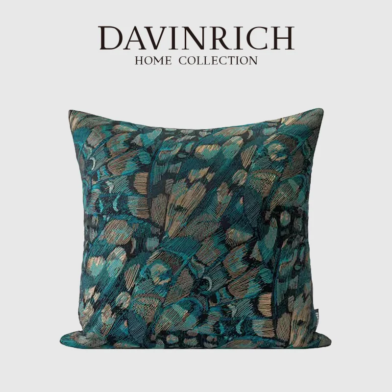 DAVINRICH Modern Abstract Peacock Feathers Jacquard Cushion Covers 45x45cm Teal Green Pillow Case For Sofa Bed Car Office Decor