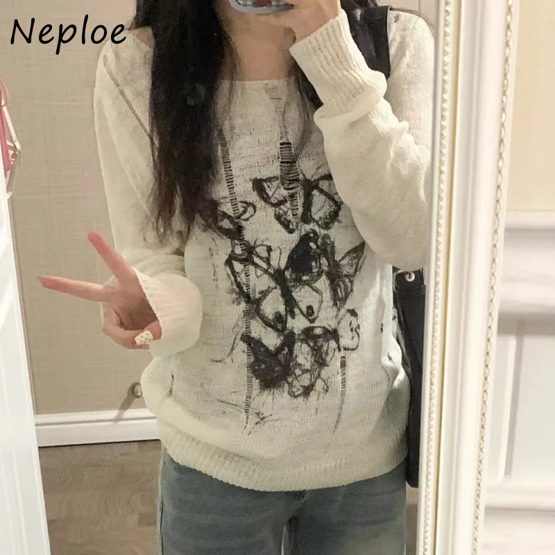 Neploe Spring Autumn New Graffiti Butterfly T-shirts Lazy Hollow Out Hole Knitted Tops Women Y2k Long Sleeve Loose Tee Shirt